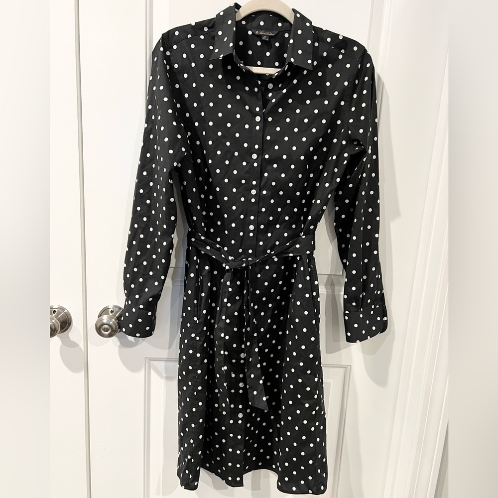 Brooks Brothers Polka Dot Button Down Tie Waist Long Sleeve Midi Dress Size 10
